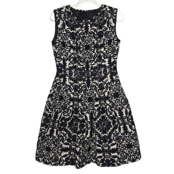 Escada Brocade Fit & Flare Sleeveless Dress Tea Length Navy White Cotton Silk 38 - Picture 1 of 12